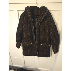NorthStyle Women's Black & Copper Lace Print Hooded Parka Jacket Size Large